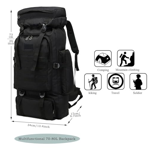 70L Waterproof Hiking Backpack for Men - Black, Camping & Outdoor Gear