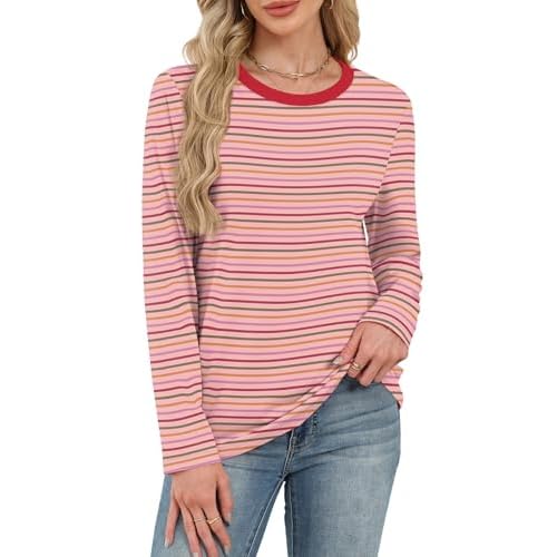 WIHOLL Womens Striped Long Sleeve Shirts Fall Outfits 2025 Color Block Tops Fashion Clothing Ribbed Crewneck Tee Blouses