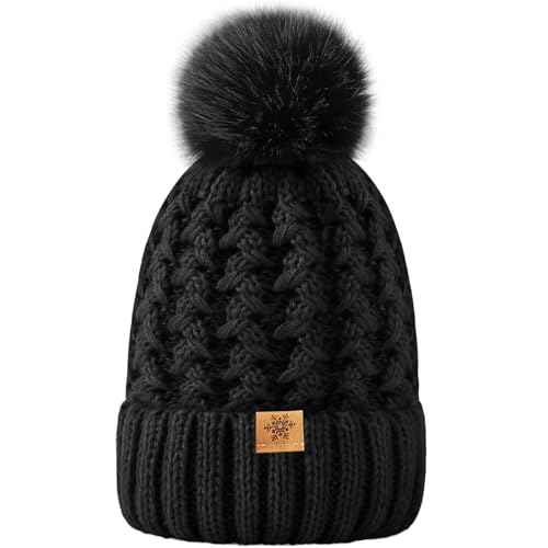 Trifabricy Womens Winter Hat Knit Crossed Cap Beanie Hats for Women Soft Warm Lined with Faxu Fur Pom Poms for Cold Weather