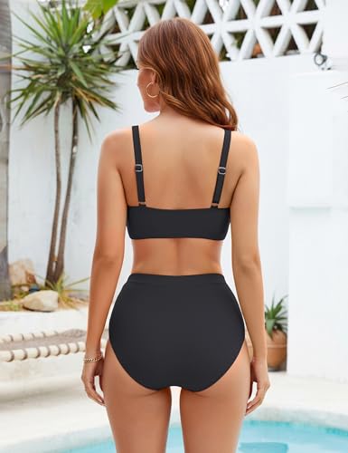 Women High Waisted Bikini Set - Tummy Control Swimsuit Two Piece Tie Front Black Small