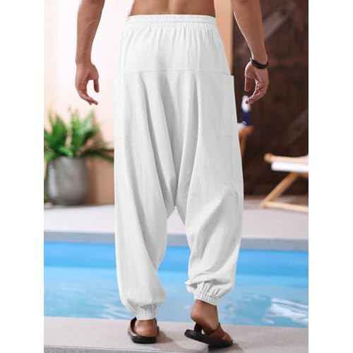 Runcati Mens Harem Pants Baggy Hippie Casual Cotton Linen Loose Boho Yoga Beach Drop Crotch Trouser