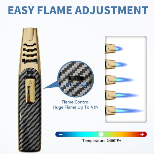 Torch Lighter, Windproof Adjustable Big Jet Flame Butane Torch, Refillable Gas Luxury Butane Lighter with Safety Lock for Candle Grill Camping Kitchen BBQ Cooking Soldering (Gas Not Included)