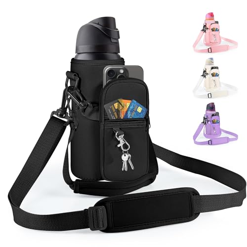 Water Bottle Carrier Bag with Strap for 24 oz Bottles - Black & Adjustable