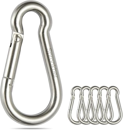 Silver Stainless Steel Spring Snap Hook Carabiner Set of 6 - 6.2 Inch