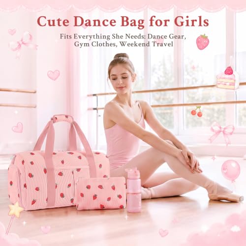 Pink Strawberry Corduroy Duffle Bag for Girls Kids Teens with Shoe & Wet Dry Separation