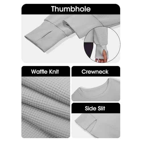 Fisoew Womens Casual Crewneck Sweatshirt Waffle Knit Long Sleeve Side Slit Loose Fit Fall Shirts Tops