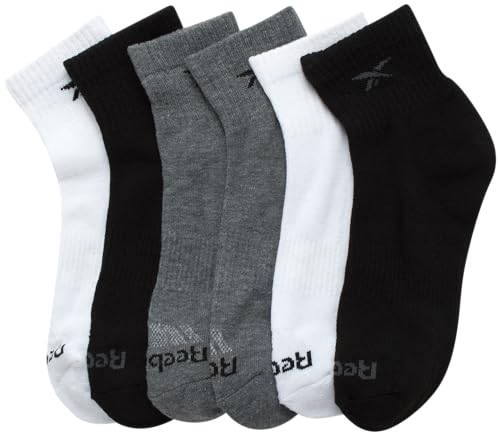 Reebok Boys Quarter Socks 6 Pack Performance Athletic Socks Large Black White Grey