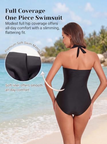 Women’s Tummy Control Halter One-Piece Swimsuit - Vintage Bathing Suit, Large / Black
