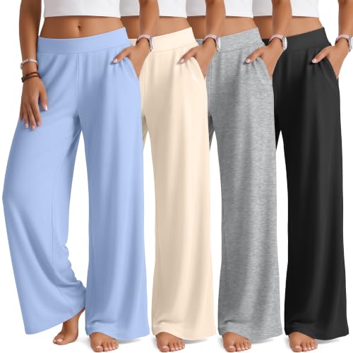 Girls' Wide Leg Yoga Pants Set - 4 Pack, Sizes 11-12 Years, Blue Beige Gray Black