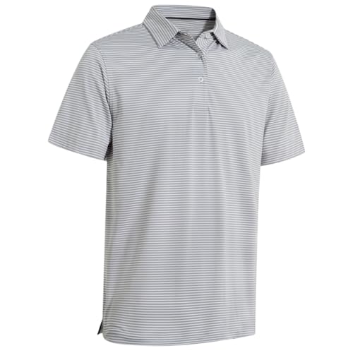Men's Short Sleeve Striped Golf Polo Shirt - Moisture-Wicking, Dry Fit, Large Grey White Stripe