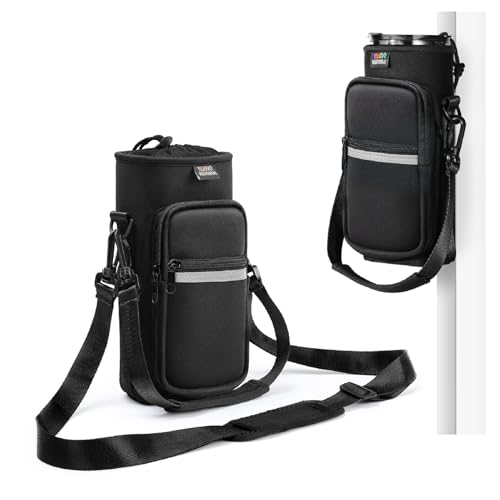 Nuovoware Magnetic Water Bottle Carrier Bag, 25oz/32oz Bottle Pouch Holder, Adjustable Shoulder Strap 2 Pocket Sling Neoprene Sleeve Sports Water Bottle Accessories for Gym Hiking Travelling Camping
