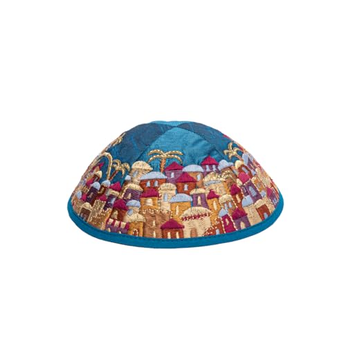 Embroidered Kippah with Jerusalem Design - Multicolor on Blue, 7 inch