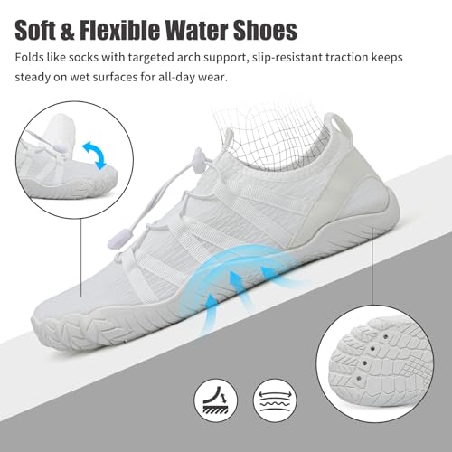 9.5 Women Men Water Shoes - Quick Dry Barefoot Beach & Pool Slip-On, White