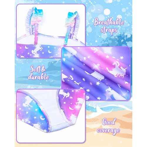 Girls Swimsuits One-Piece Bathing Suits Summer Kids Beach Swimwear Suits with Adjustable Strap Quick Dry Rainbow Unicorn