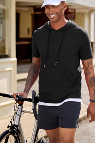 Men's Short Sleeve Hoodie T-Shirt with Pocket - Lightweight, XX-Large, Black