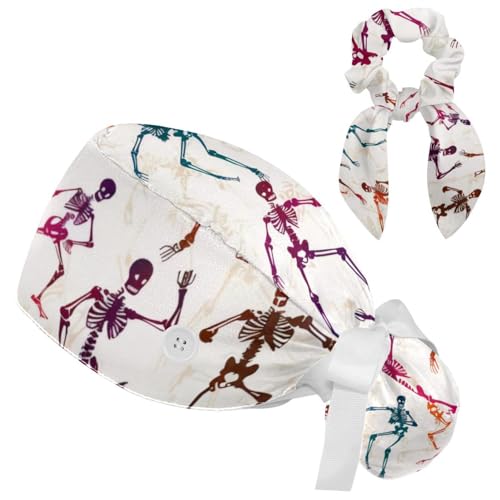 Women Working Cap with Buttons Bouffant Hat Autumn Leaves Nurse Scrub Caps Long Hair