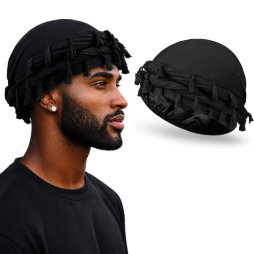 Black Satin Lined Adjustable Turban for Men - Soft Head Wrap & Hair Protection