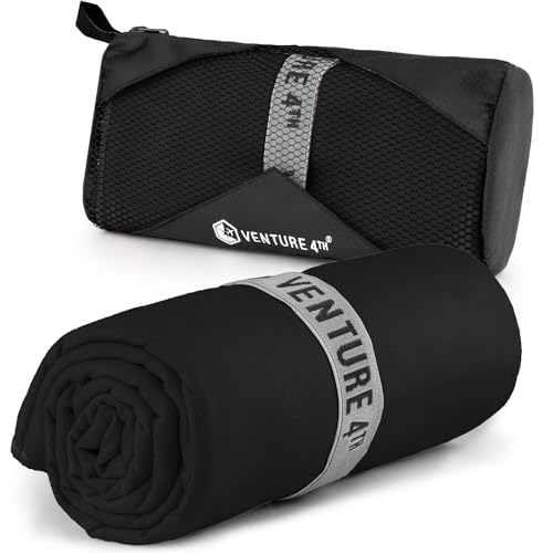 VENTURE 4TH Quick Dry Towel. Microfiber Travel Towel Ideal for Camping, Hiking, Backpacking, Gym. Lightweight & Fast Drying Travel Towels for Body. Compact & Easy to Pack - Black Medium