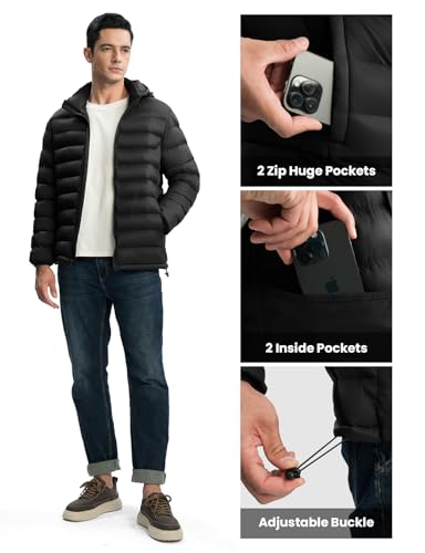 Men's Lightweight Puffer Jacket with Detachable Hood Water-Resistant Winter Coat - 4X-Large Black