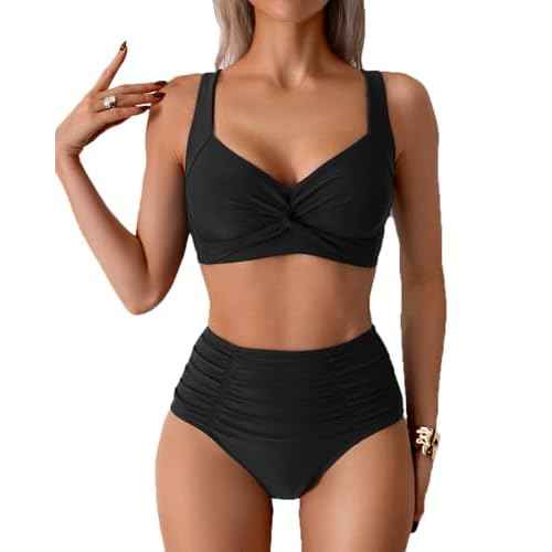 Fanuerg Women's High Waisted Bikini Sets Twist Front Two Piece Swimsuit Ruched Tummy Control Bathing Suits
