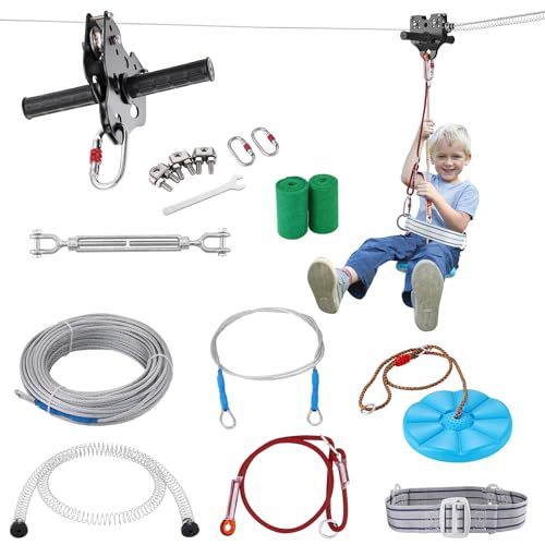 VEVOR Zip line Kits for Backyard£¬160ft Zip line Kit for Kids and Adult Up to 330 lb, Included Swing Seat, Ziplines Brake, and Steel Trolley, Outdoor Playground Equipment
