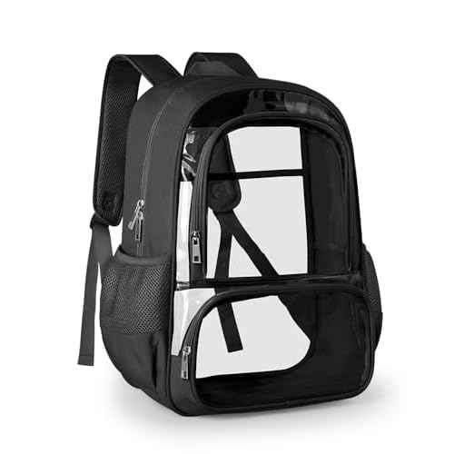Clear Backpack, Fabric & PVC Transparent Backpack with Reinforced Strap for Women Men, Heavy Duty Transparent Bookbag, Large Capacity Clear Bag, Travel, Security, Black