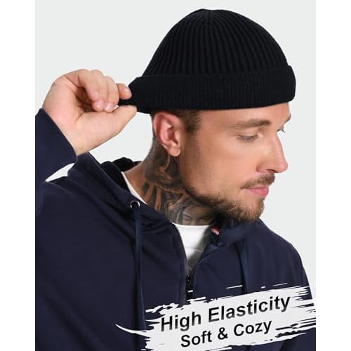 ROYBENS Short Fisherman Beanie for Men Women, Wool Warm Winter Hat, Swag Knit Cuff Soft Trawler Beanies Watch Cap Skull Caps