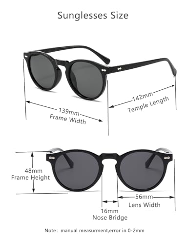 Retro Round Polarized Sunglasses for Women and Men - Vintage Style UV Protection - Black + Transparent/ Grey