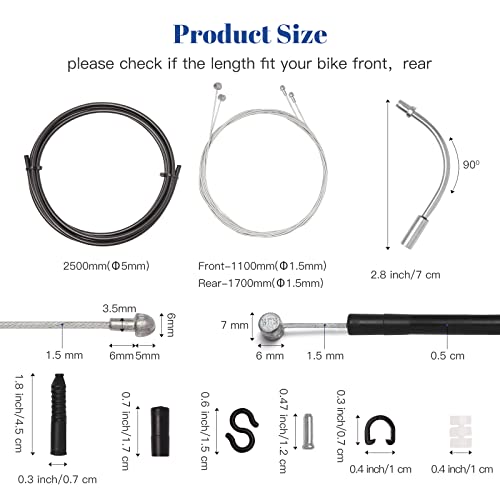 Universal Bike Brake Cable Housing Kit With 1 Set Bicycle Brake Line, 2 Pieces V Bike Brake Noodle Cable Guide Pipe and End Caps accessories for MTB Mountain Bike or Road Bikes Bicycle Cycling, Black