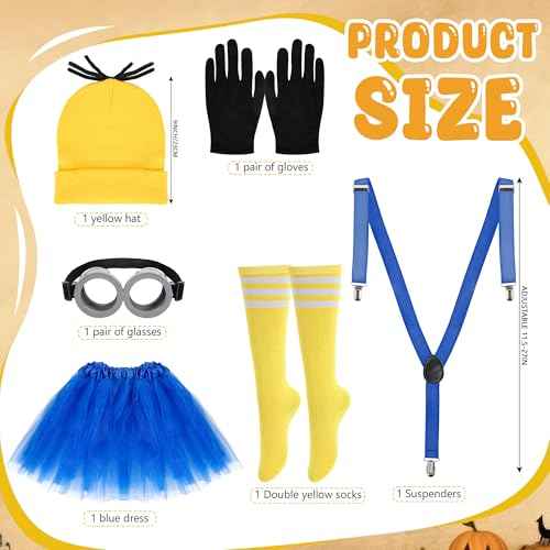 Halloween Costume Adult Accessories, 6 Pcs Yellow Beanie Hats with Gloves Steampunk Goggles Glasses Skirt Suspender Socks for Adults Halloween Dress up for Men Women Girls Boys Party Cosplay Set
