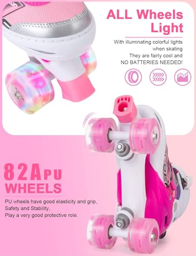 Pink Adjustable Roller Skates for Girls and Women, All 8 Illuminating Wheels, Large (3-6 US)