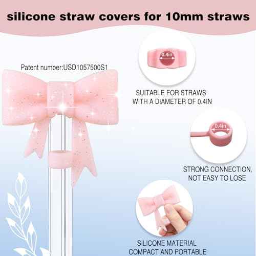 Cup Accessories Set for Stanley,Including 2Pcs Cute Glitter Bow Straw Cover Caps 10mm Reusable Straw Toppers,1Pcs Silicone Boot Sleeve and 1Pcs Handle Charm for Stanley Tumbler 30&40oz,Glitter Pink