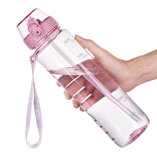 Cherry Blossom Pink 32oz Water Bottle with Straw & Time Marker - Leakproof BPA-Free Sports Bottle