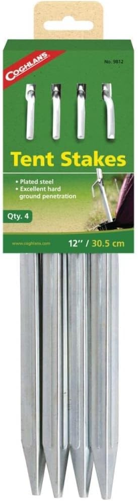 Coghlan's Heavy-Duty Steel Tent Stakes for Secure Camping, Galvanized Durable Outdoor Anchors, Ideal for Tents, Tarps, and Shelters in Hard or Soft Ground, 12" 4-Pack