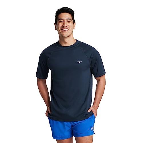 Men's UV Swim Shirt Short Sleeve Loose Fit Easy Tee - Large, Navy