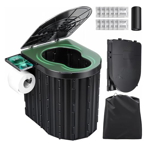 Portable Camping Toilet with Lid & Paper Holder - Black
