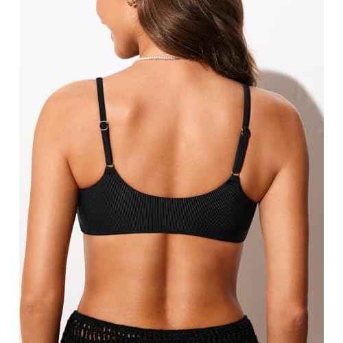 DOBREVA Women's Bikini Top Scoop Neck Bathing Suit Tops Ribbed Adjustable Straps Swimsuit Sexy Padded Swim Bra