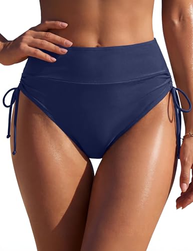 High Waisted Bikini Bottoms for Women - Full Coverage, Tummy Control - Medium Dark Blue