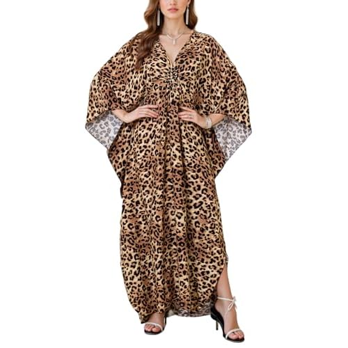 Women's Plus Size Animal Print V-Neck Batwing Kaftan Beach Dress Bathing Suit Cover-Up Loungewear