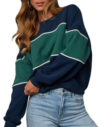 LEEDYA Women's Oversized Color Block Long Sleeve Sweatshirt - Medium Navy Blue