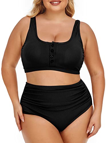 Plus Size Ribbed High Waist Bikini Set for Women - Scoop Top Tummy Control - Black 18 Plus