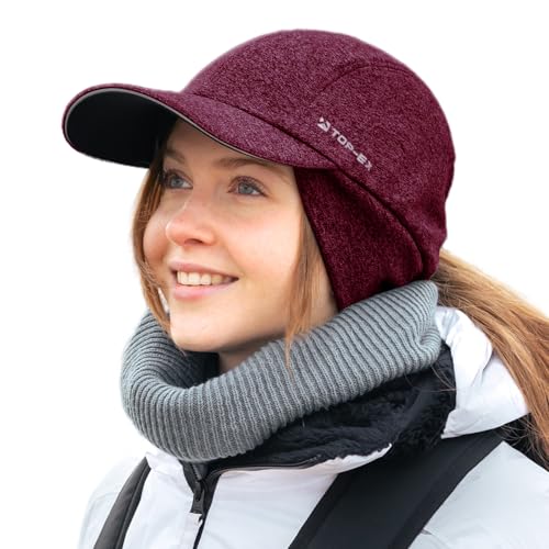 TOP-EX M/L/XL Unisex Water-Repellent Baseball Cap with Ear Flap Ponytail Hole Reflective Winter Hat Fleece Lining Hat