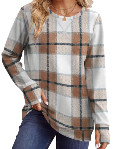 Women’s Crewneck Sweatshirt Long Sleeve Fall Outfit - Large Brown Plaid
