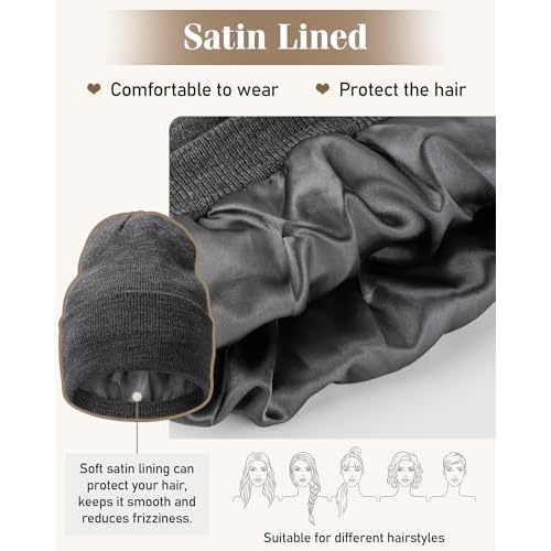 Senker Fashion 3 Pack Satin Lined Beanie Hats for Women Men, Winter Silk Beanies Knit Soft Warm Cuffed Hat Slouchy Caps