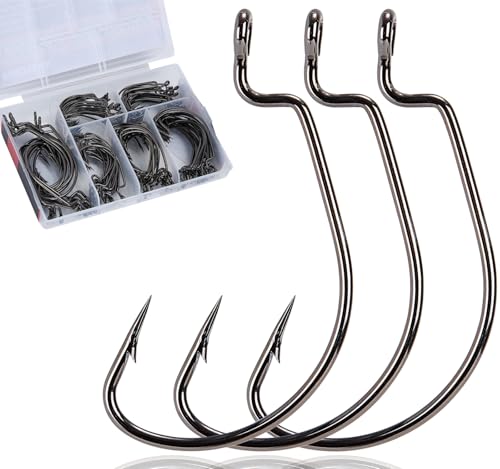 120Pcs Bass Fishing Worm Hooks Set - Offset Wide Gap High Carbon Steel