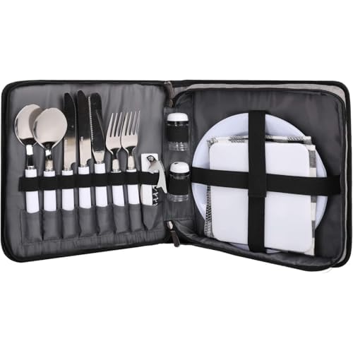 BRONZY Picnic Set Camping Cutlery Organizer Dinnerware Set - Mess Kit,Portable Eating Set with Plates,Spoons,Knives,Wine Opener,Forks,Napkinsc (16pcs/24pcs)