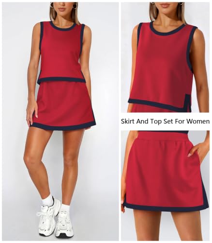 Women's Tennis Skirt Set - 2 Piece Athletic Outfit with Shorts, Medium, Wine Red & Navy Blue