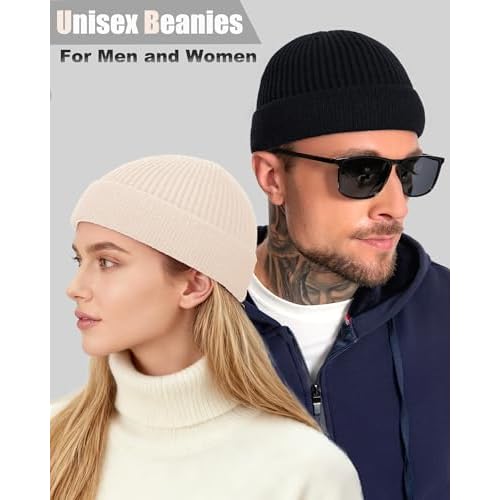 ROYBENS Short Fisherman Beanie for Men Women, Wool Warm Winter Hat, Swag Knit Cuff Soft Trawler Beanies Watch Cap Skull Caps
