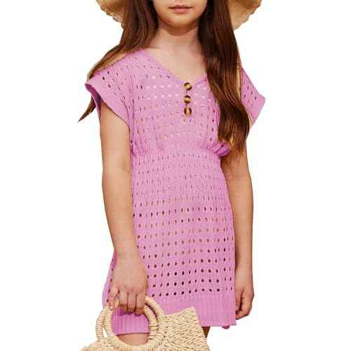 Girls Summer Crochet Swim Beach Cover Up Button Elastic Waist Beach Dress 5-14 Years