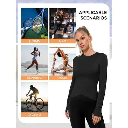 Fisoew Womens Long Sleeve Workout Tops Athletic Compression Shirts Crew Neck Cross Hem Running Yoga Active Shirts